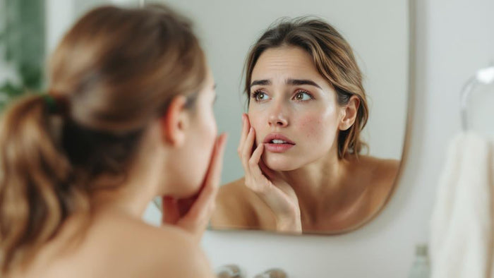 Woman examining clusters of small blemishes around her cheeks in a bathroom mirror, with a concerned expression reflecting the frustration of living with perioral dermatitis.