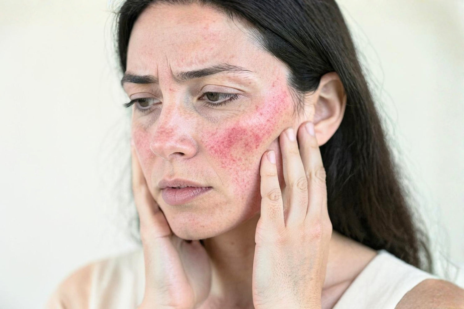 Woman holding her face in her hands with a concerned expression, showing significant redness and inflammation across her cheeks and forehead associated with eczema-prone skin