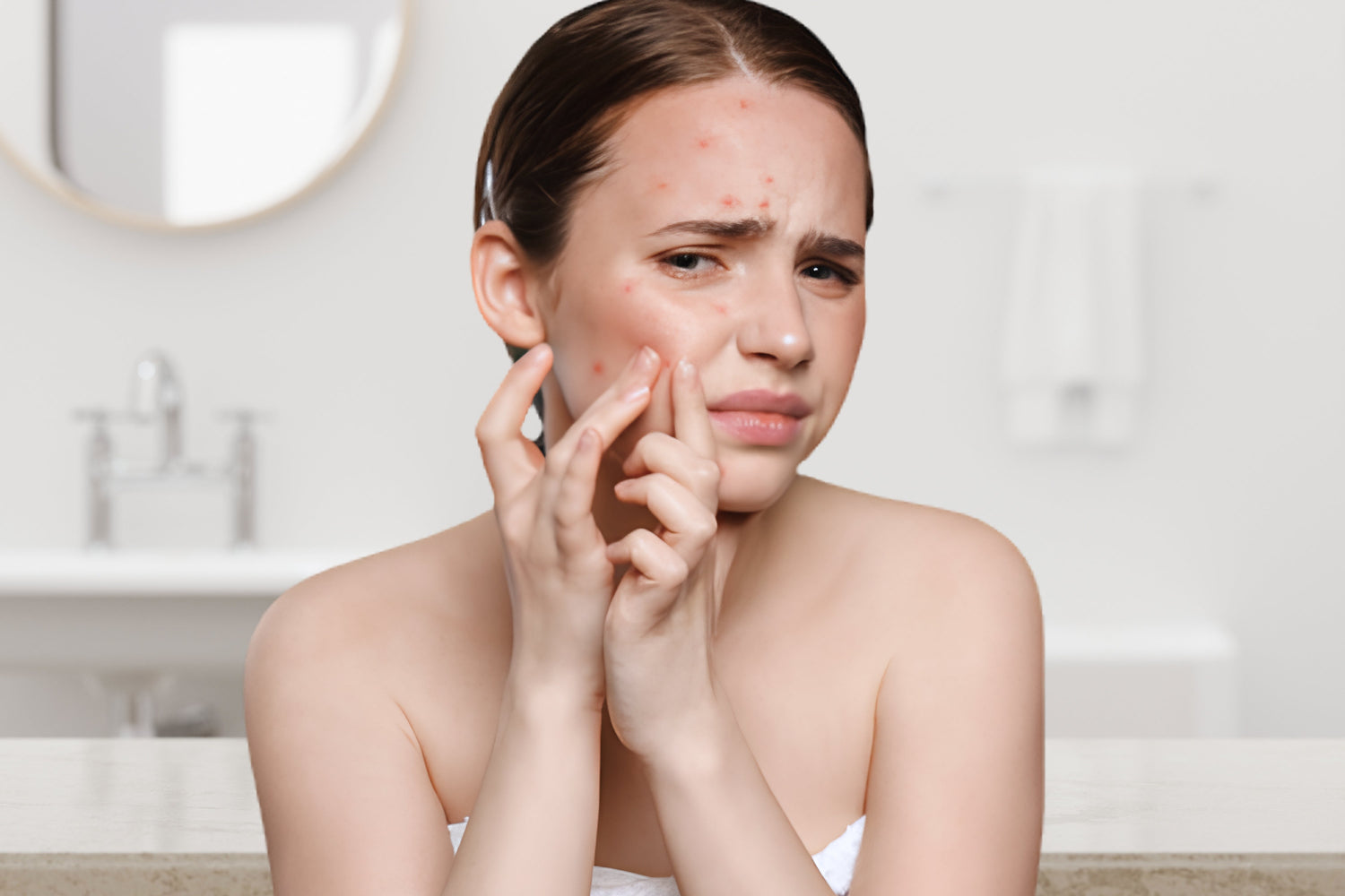 Young woman in a bathroom examining acne breakouts on her cheek and forehead with a frustrated expression, reflecting the emotional impact of living with acne-prone skin