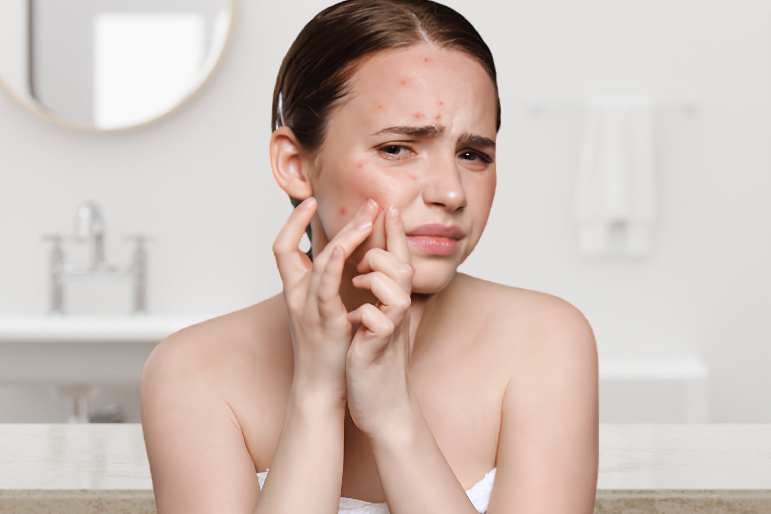Young woman in a bathroom examining acne breakouts on her cheek and forehead with a frustrated expression, reflecting the emotional impact of living with acne-prone skin