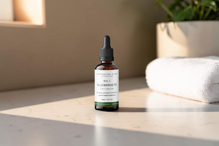 Apothecary & Me No.1 Illuminate Face Oil in warm natural light on a bathroom countertop with a folded white towel and green plant, a gentle fragrance-free face oil for naturally calming rosacea-prone skin