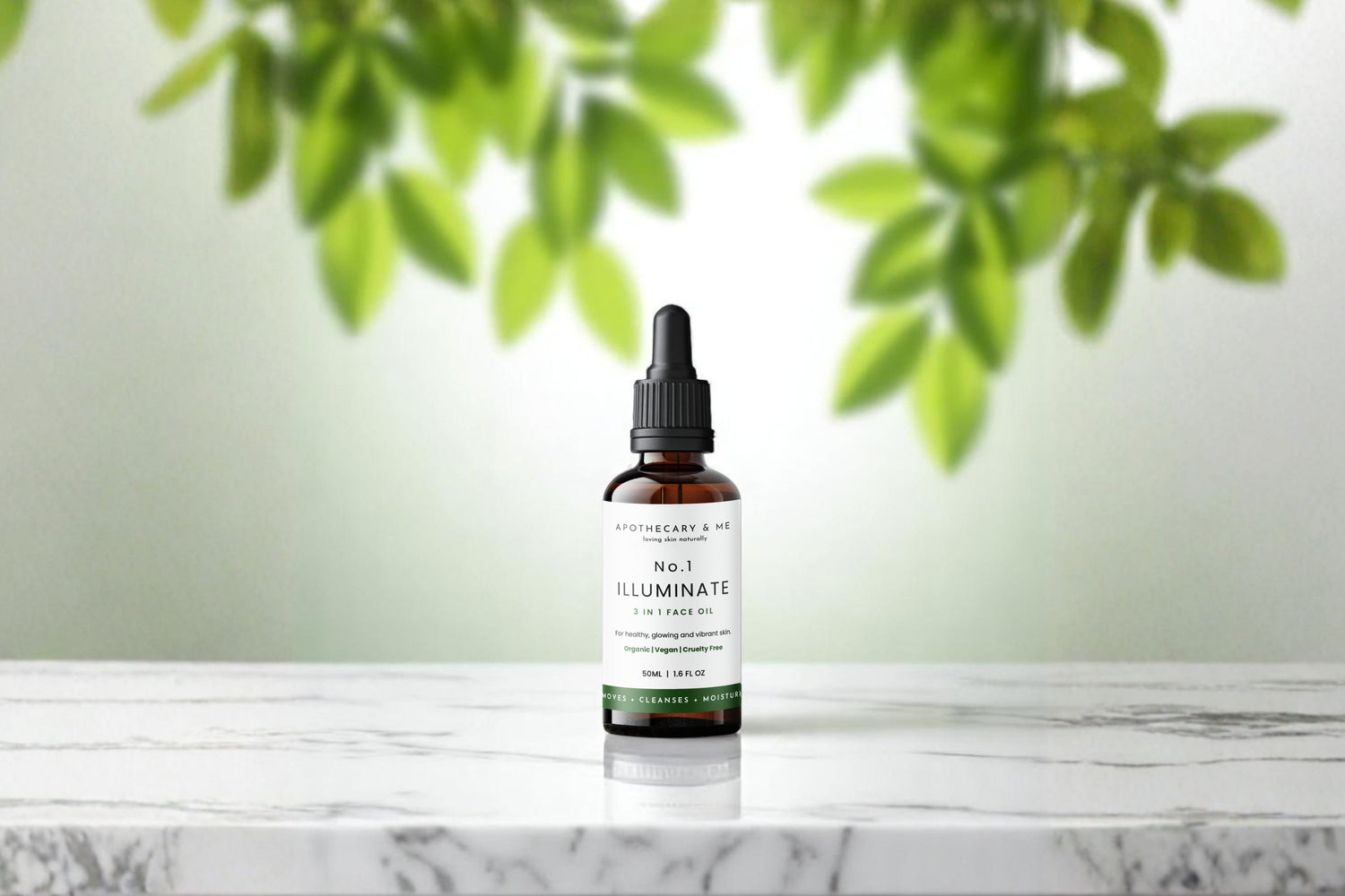 Apothecary & Me No.1 Illuminate Face Oil on a marble surface with soft green leaves in the background, a gentle minimal-ingredient face oil to support skin during topical steroid withdrawal