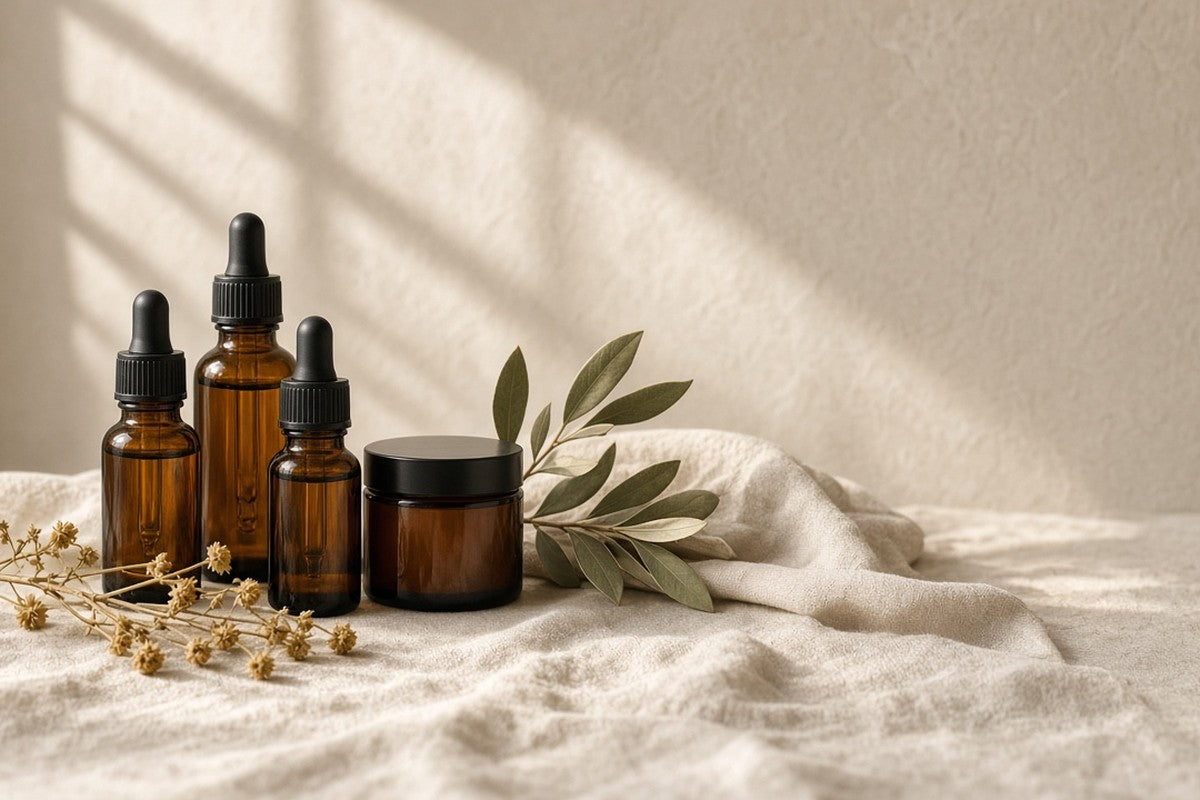 Amber dropper bottles and a jar on cream linen in soft window light