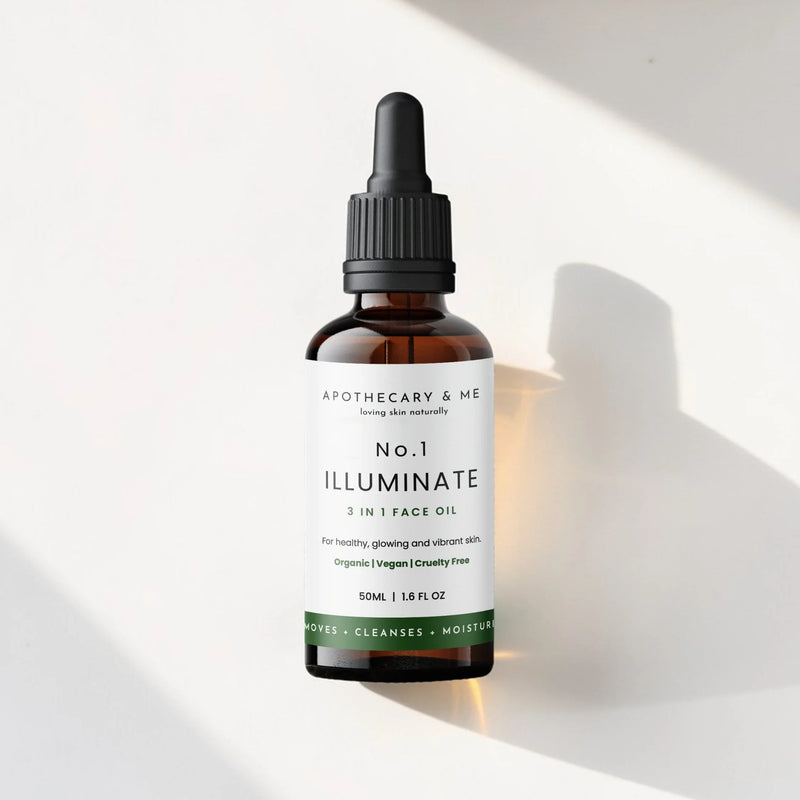 Bottle of 'No. 1 Illuminate' face oil with dropper on a white background