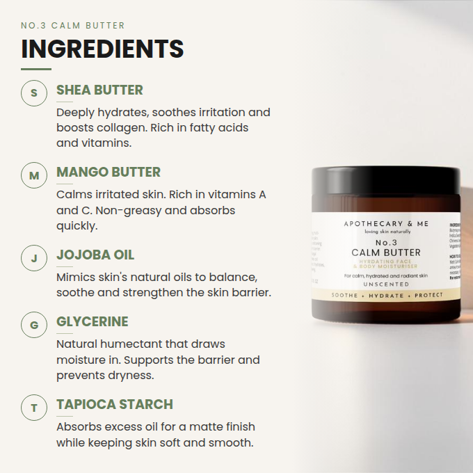 Ingredients list for a calming butter product with a jar of the product on a white background.
