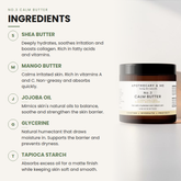 Ingredients list for a calming butter product with a jar of the product on a white background.