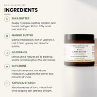Ingredients list for a calming butter product with a jar of the product on a white background.