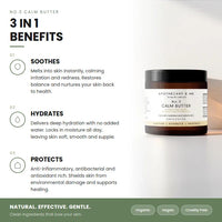 Jar of Apothecary & Me Calm Butter with 3-in-1 benefits listed on a white background