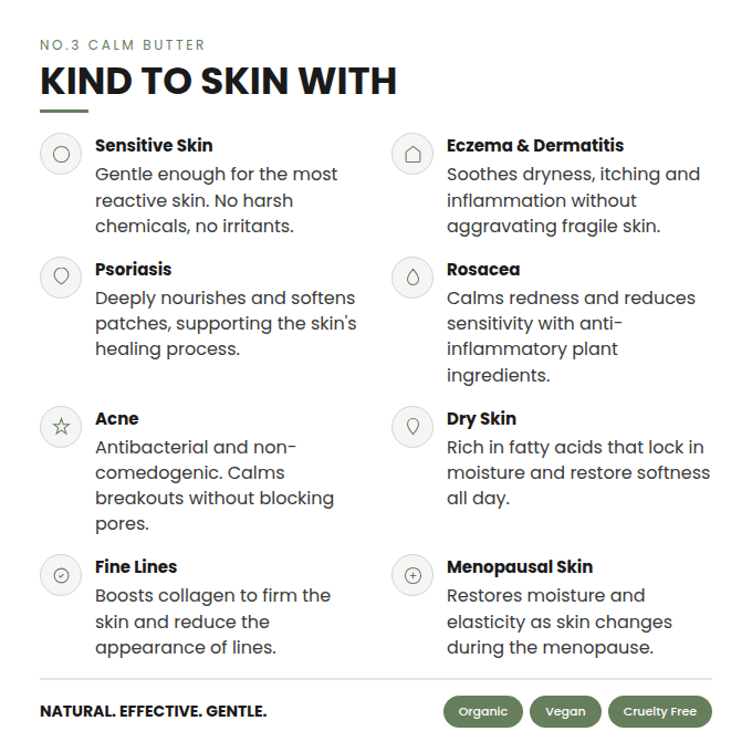 List of skin conditions and benefits of a calm butter on a white background