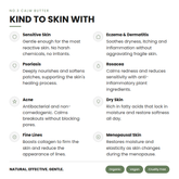 List of skin conditions and benefits of a calm butter on a white background