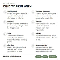 List of skin conditions and benefits of a calm butter on a white background