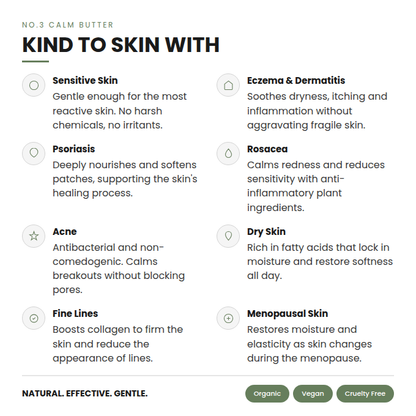 List of skin conditions and benefits of a calm butter on a white background
