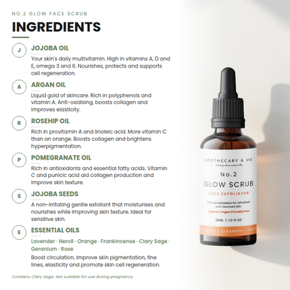 Bottle of No. 2 Glow Scrub with ingredients list on a white background