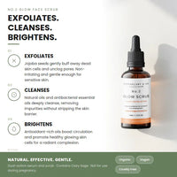 Glow face scrub bottle with product description on a white background