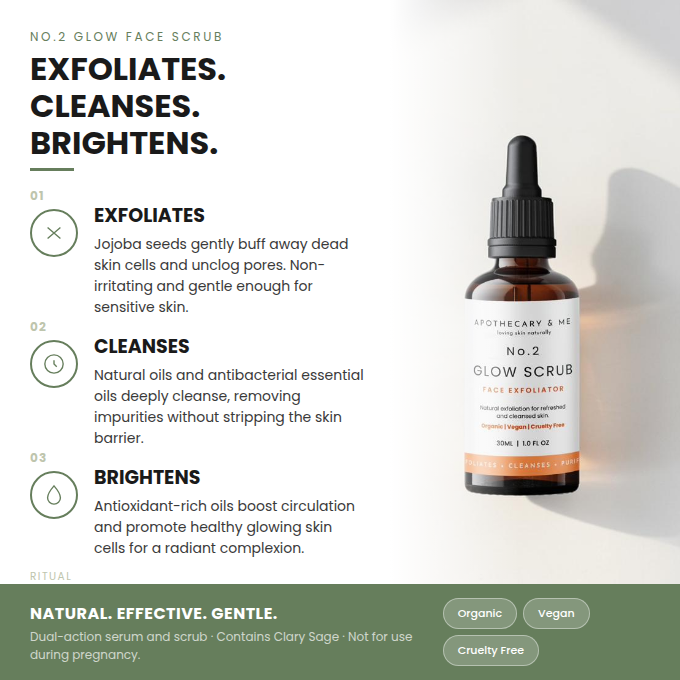 Glow face scrub bottle with product description on a white background