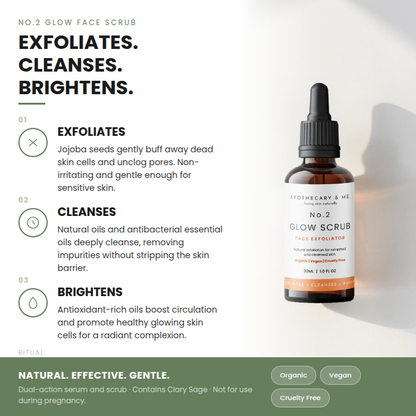 Glow face scrub bottle with product description on a white background