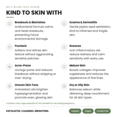 Product description card for a glow face scrub with benefits for various skin conditions.