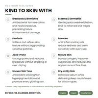 Product description card for a glow face scrub with benefits for various skin conditions.