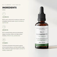 Apothecary & Me No. 1 Illuminate 3-in-1 Face Oil with ingredients listed on a white background